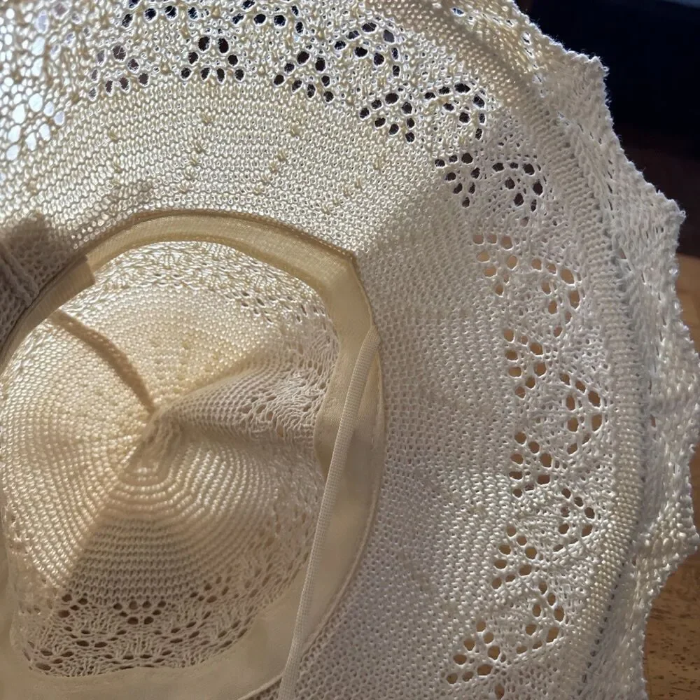 Vintage Grank Beige Sz L Lace Woven Summer Sun Hat Women's Floppy Beach Accessor